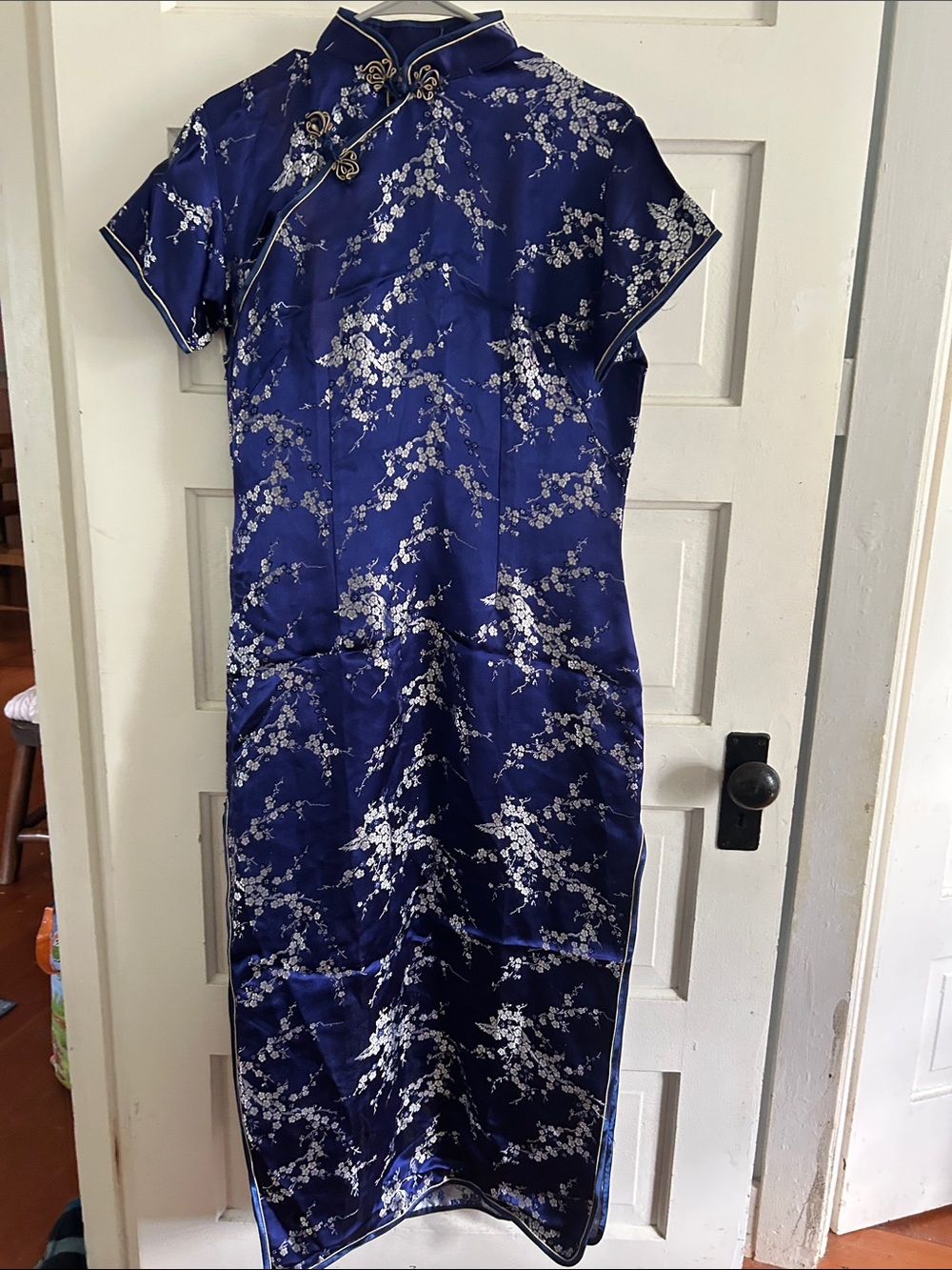 Navy Blue Floral Satin Cheongsam Midi Dress